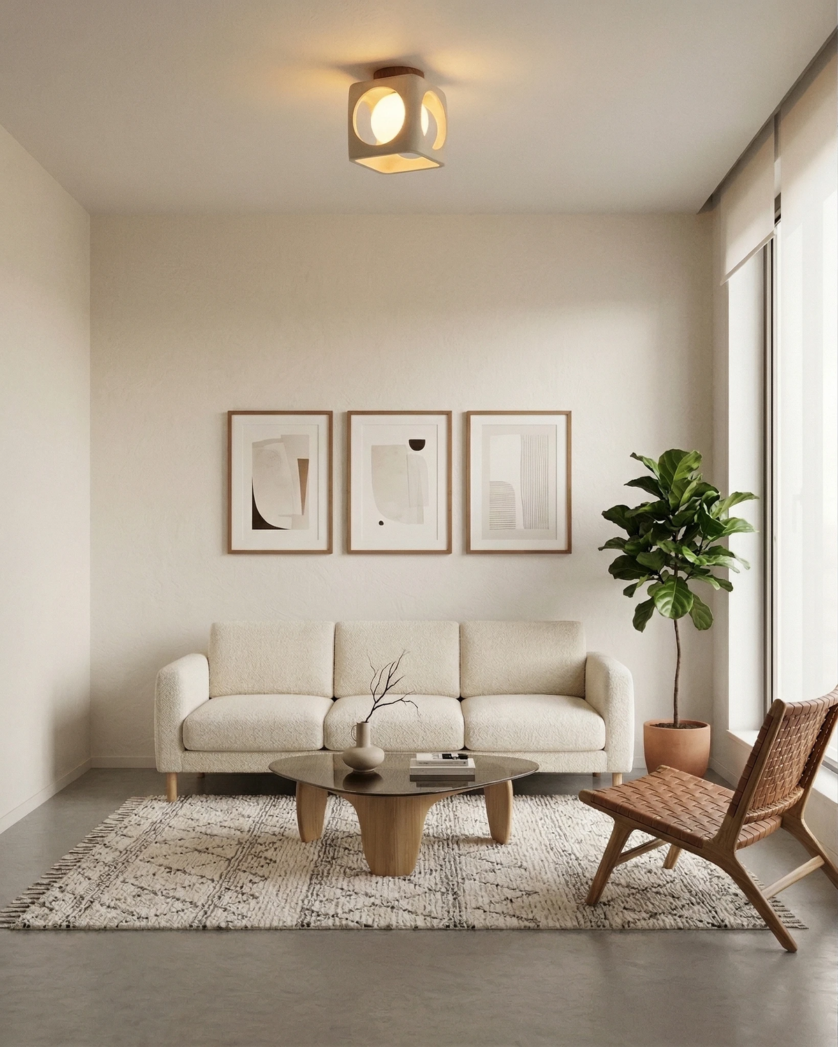 Travertine flush mount ceiling light CUBA No.01 switched on above a white sofa and coffee table in a living room