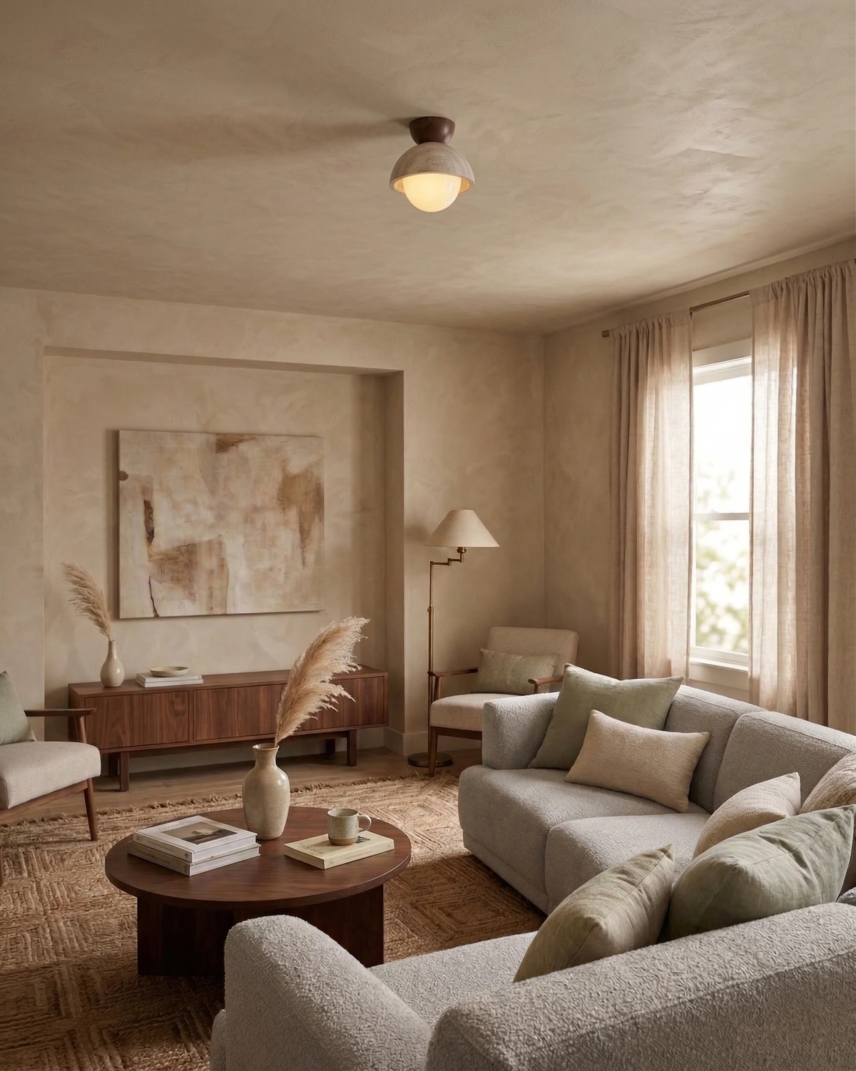 Travertine flush mount ceiling light LUNA No.06 lit on a plaster ceiling above a gray sofa and walnut coffee table