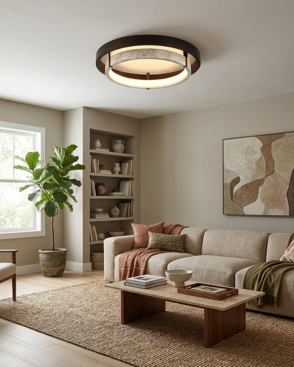 Travertine flush mount ceiling light LUNA No.04 drum lit on the ceiling of a beige living room with a sofa