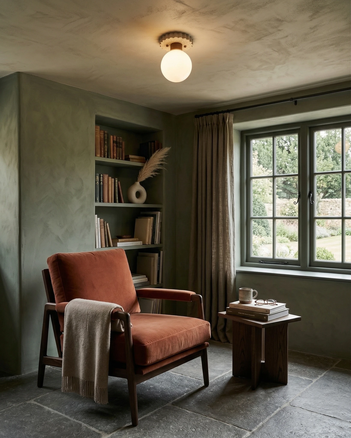 Travertine flush mount ceiling light LUNA No.07 switched on in a green living room with a rust armchair and bookshelves