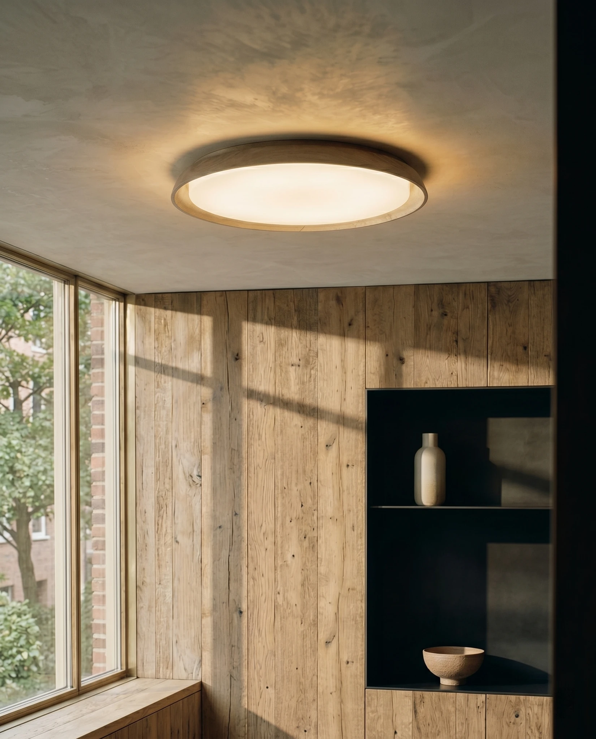 Travertine flush mount ceiling light LUNA No.01 lit on a plaster ceiling in a room with reclaimed wood walls and a window