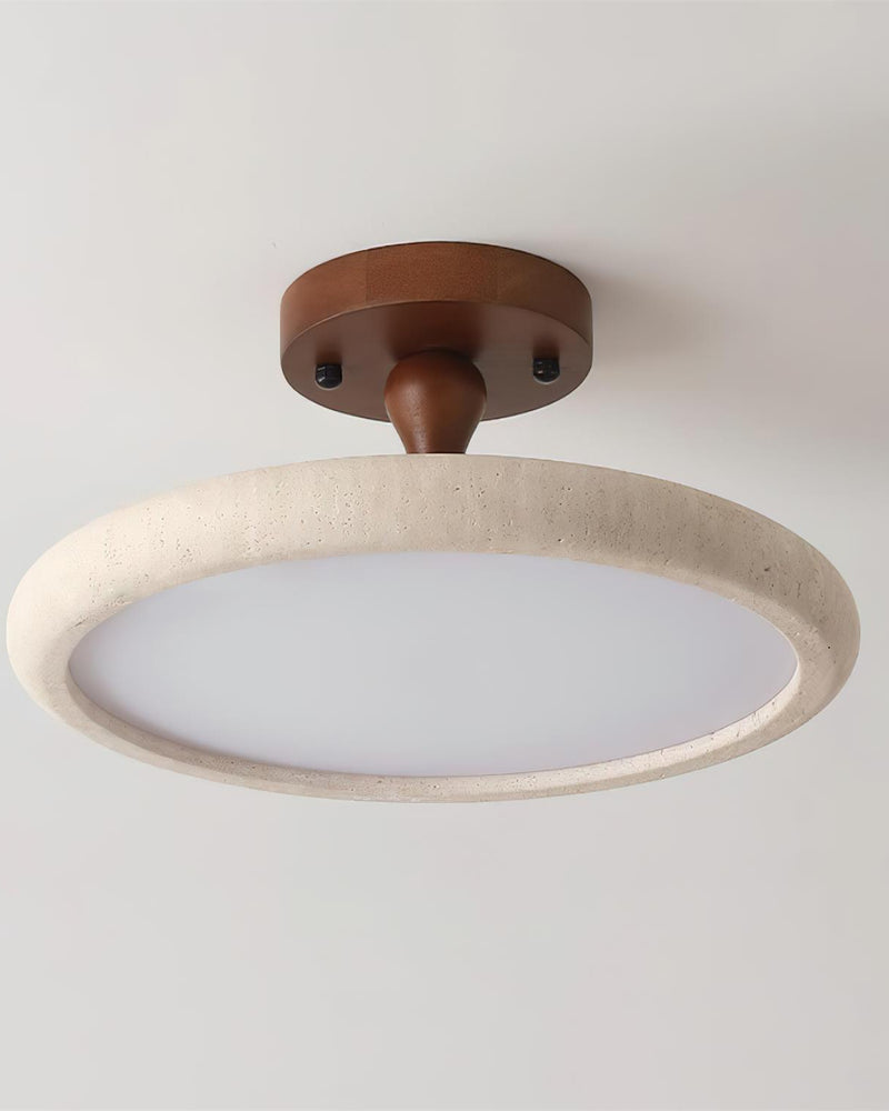Travertine flush mount ceiling light LUNA No.02 unlit, white diffuser inside a travertine ring below a walnut stem
