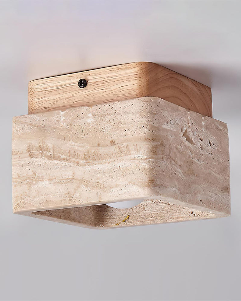Travertine flush mount ceiling light CARSO No.01 with natural wood canopy and travertine block, unlit