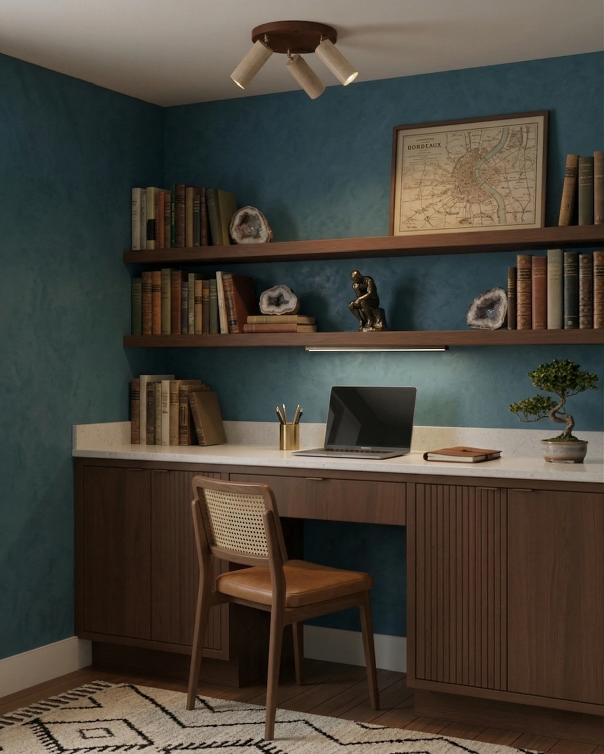 Travertine flush mount ceiling light RAGGI No.02 on the ceiling of a teal home office with a built-in desk and shelves