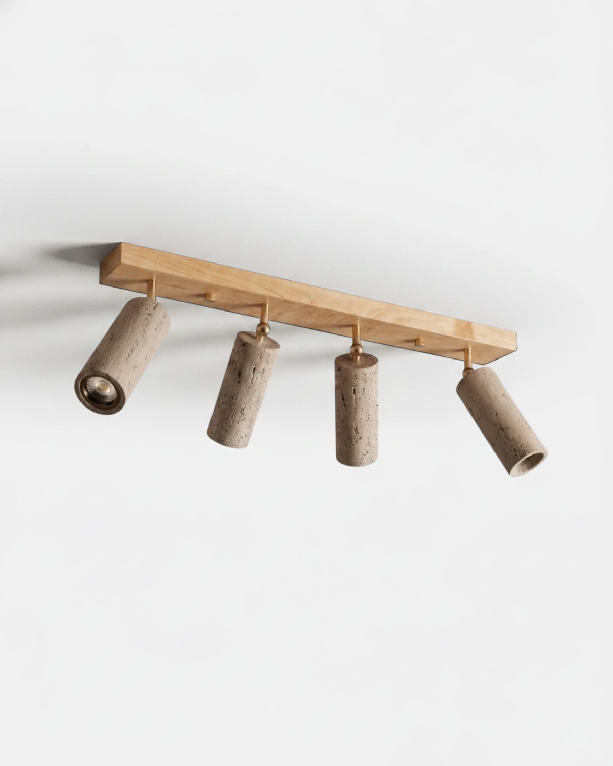 Travertine flush mount ceiling light PIETRA No.04, four travertine spots on a light Natural Wood bar, unlit