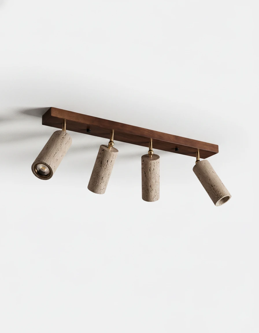 Travertine flush mount ceiling light PIETRA No.04 in Quadruple Walnut, four travertine cylinders on a dark walnut bar