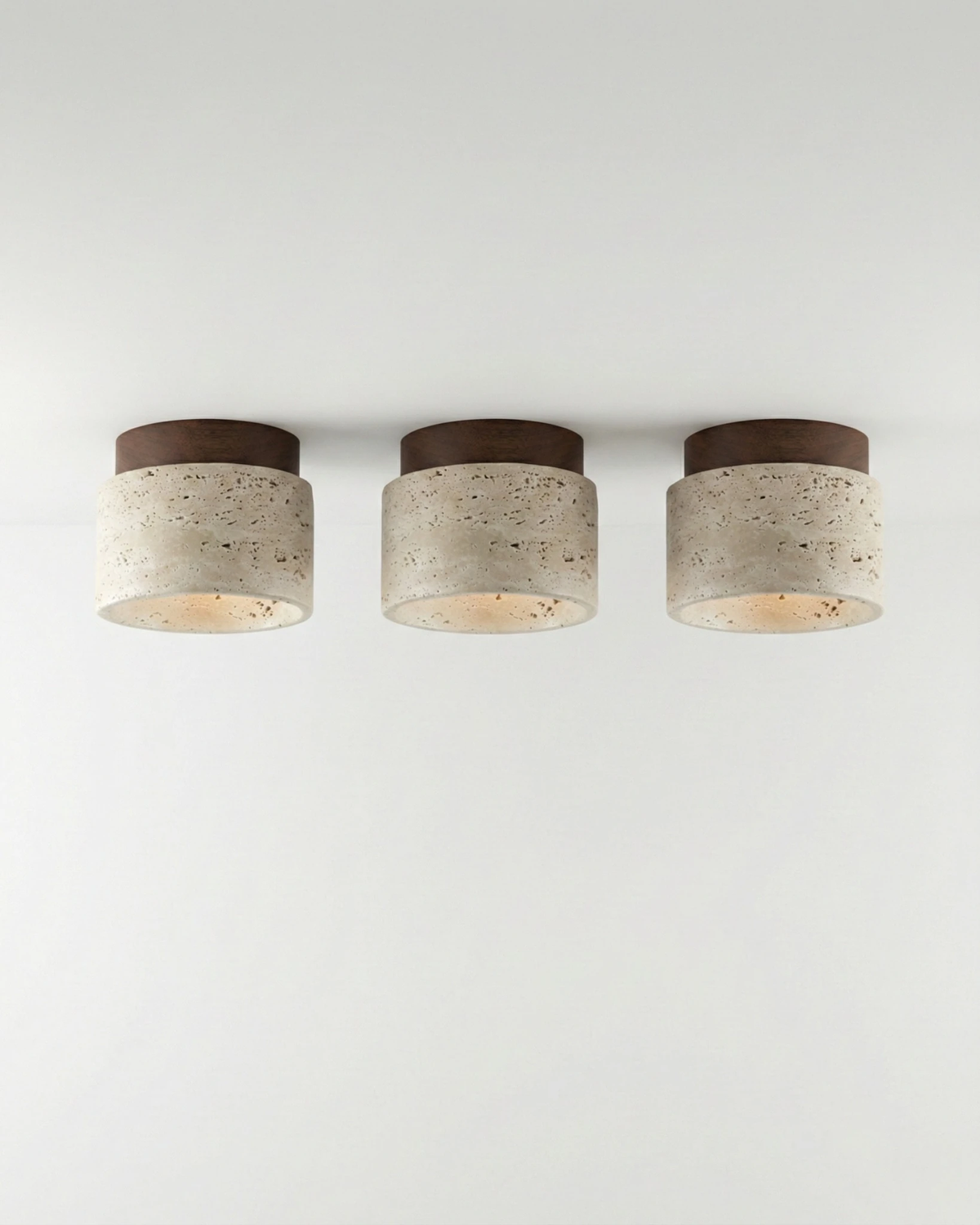 Set of three travertine flush mount ceiling lights VERTIN No.05 in Cream Travertine with walnut caps, unlit