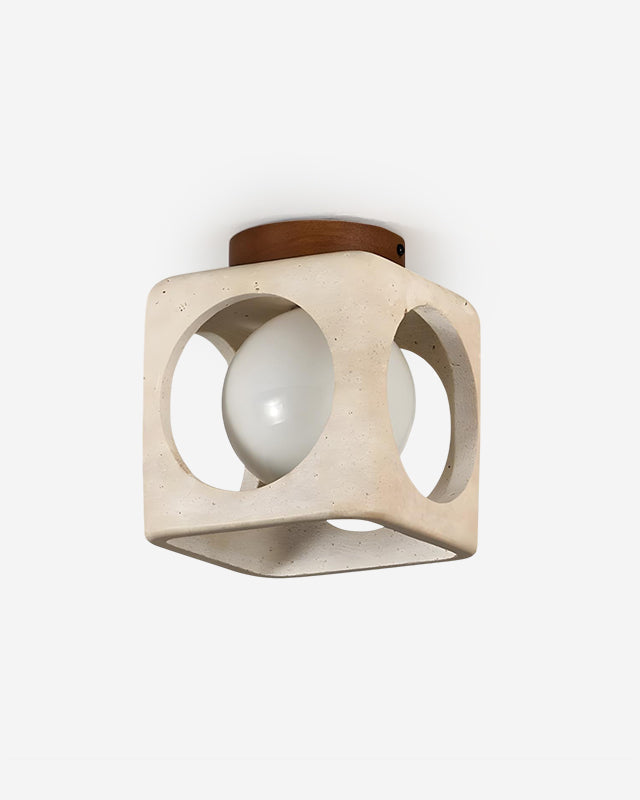 Travertine flush mount ceiling light CUBA No.01, open travertine cube with opal sphere under a walnut canopy, unlit