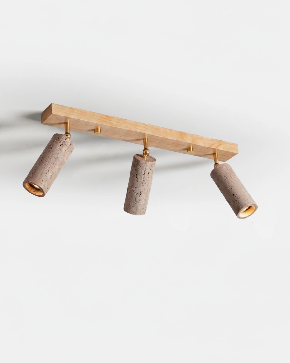 Travertine flush mount ceiling light PIETRA No.04, Triple Natural Wood bar with three adjustable travertine spots