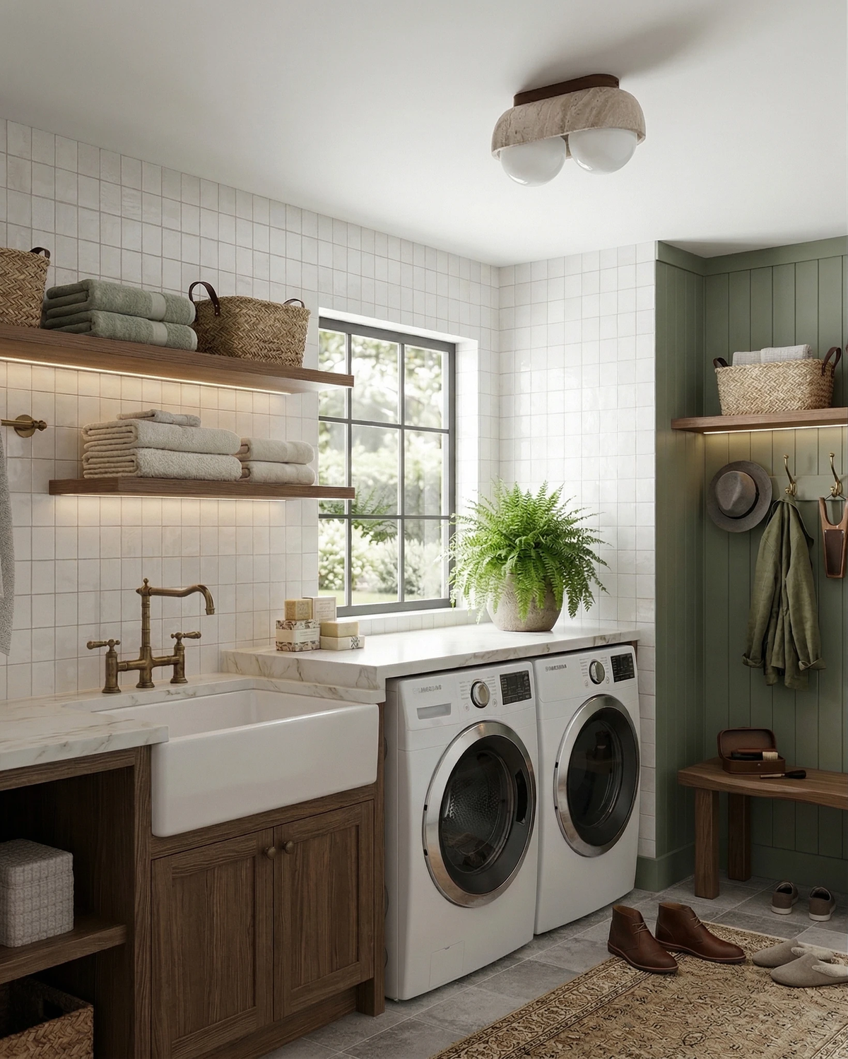 Travertine flush mount ceiling light PIETRA No.03 lit on a laundry room ceiling above a farmhouse sink and washer-dryer
