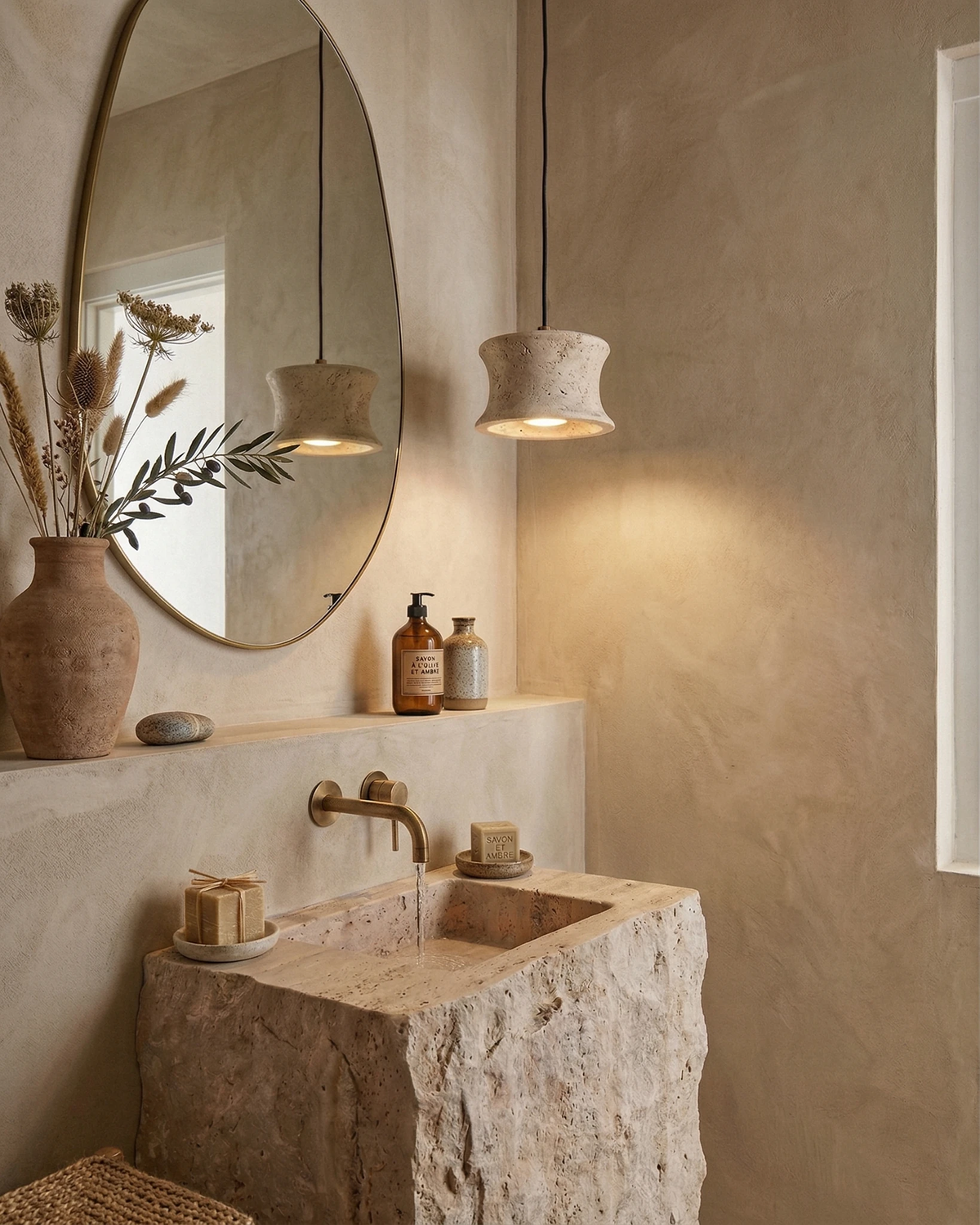Travertine pendant light CONA No.04 lit beside a round mirror above a rough stone sink in a plaster bathroom