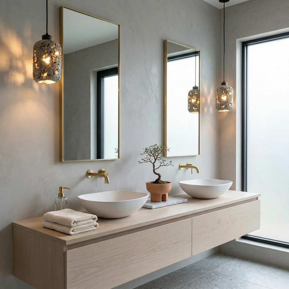 Two travertine pendant lights MASSA No.01 lit beside brass-framed mirrors above a floating vanity with vessel sinks