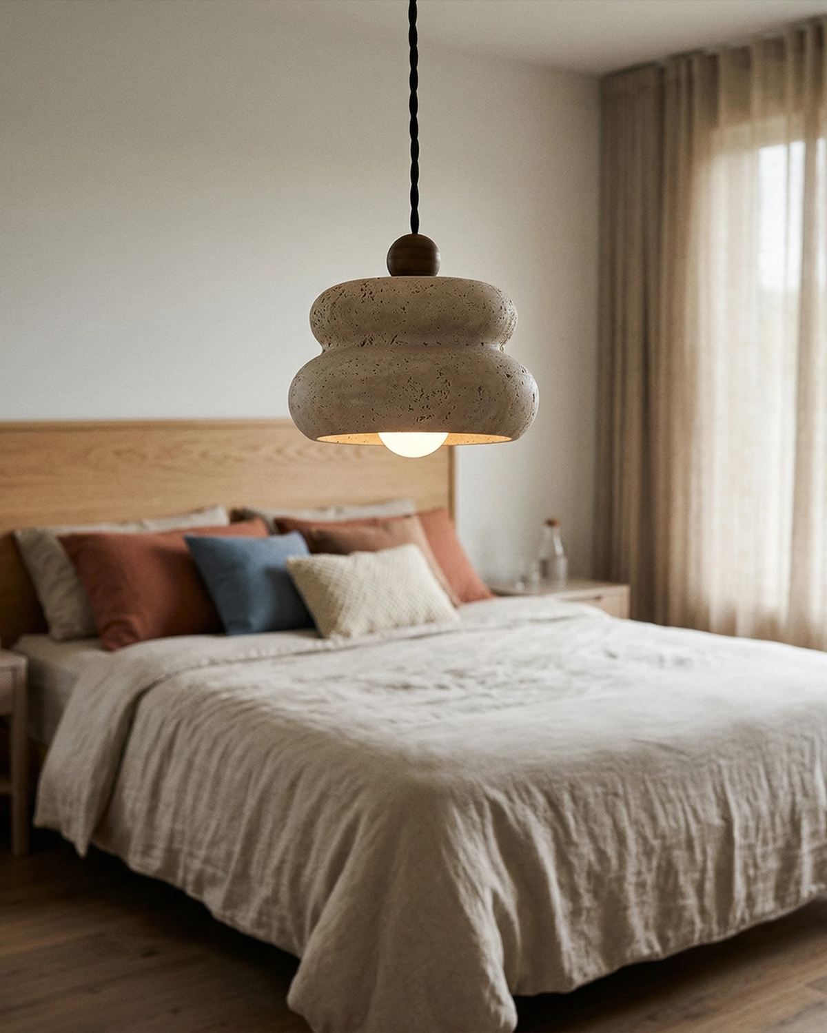 Travertine pendant light SOVA No.05 lit above a bed with linen bedding and terracotta and blue pillows