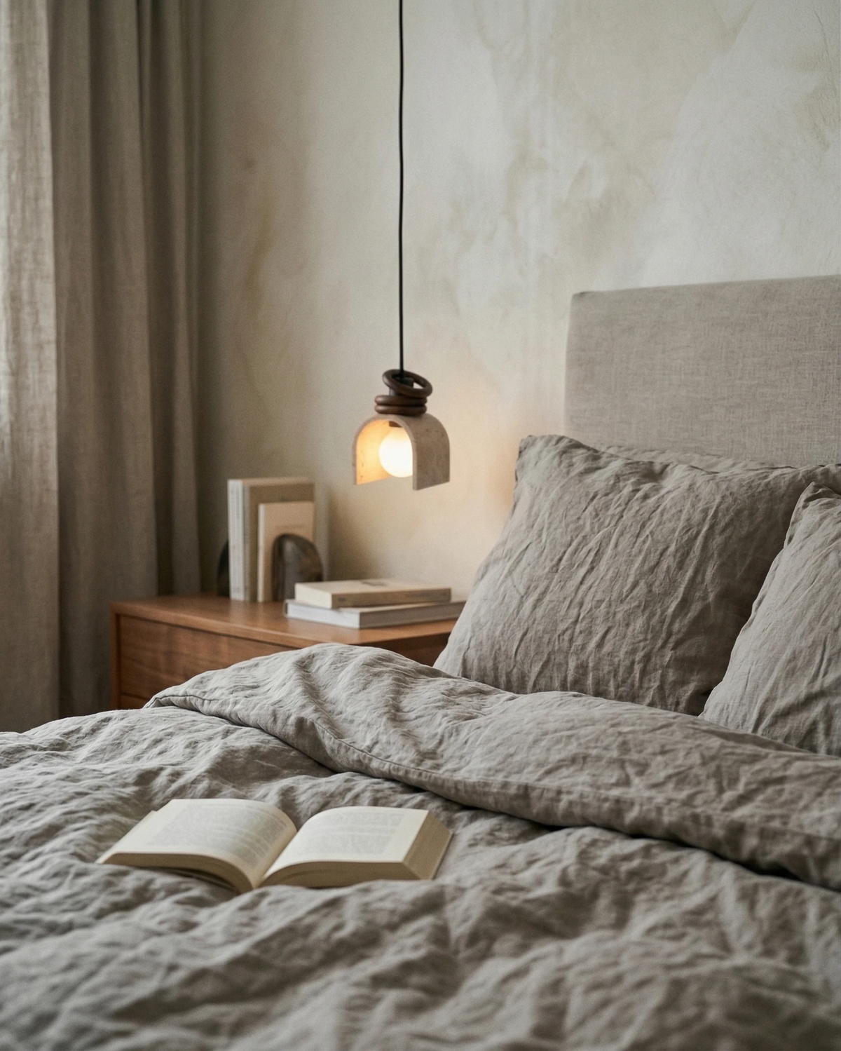 Travertine pendant light ARCA No.02 lit beside a bed with gray linen and an open book, walnut rings on top