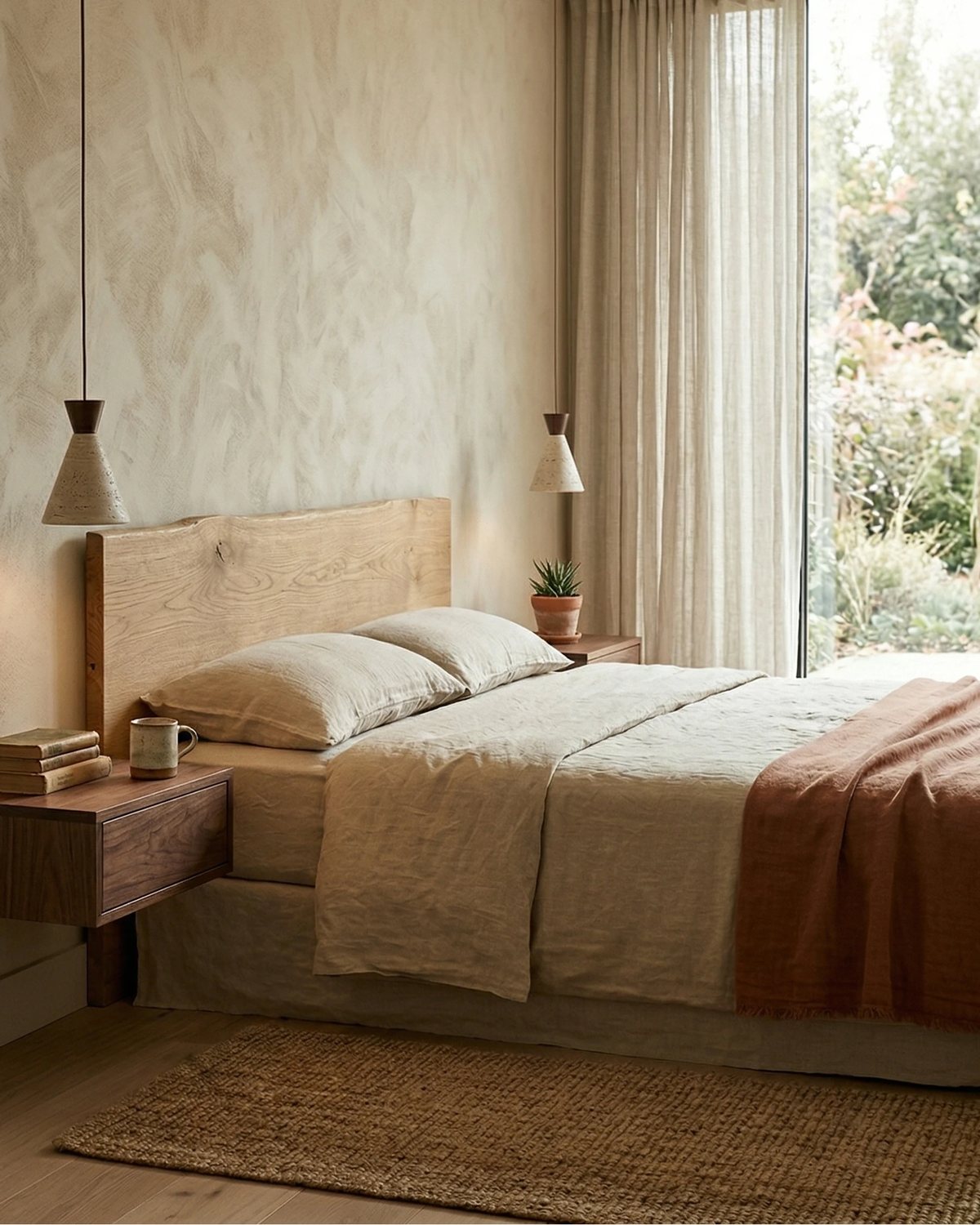 Travertine pendant light CONA No.02, two cone pendants hung low over floating walnut nightstands on each side of a bed