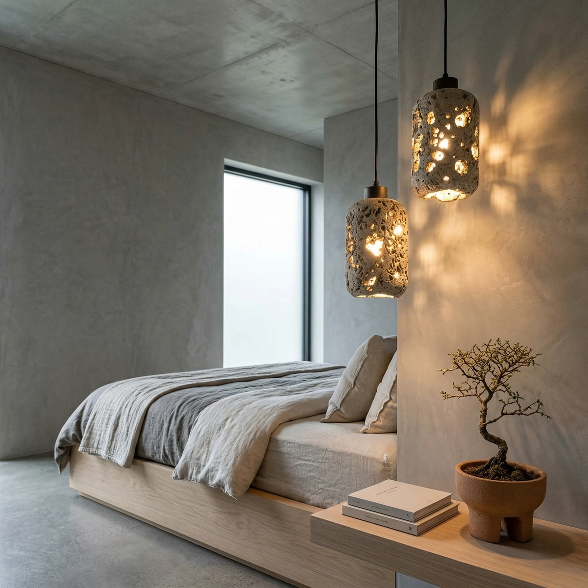 Travertine pendant light MASSA No.01 lit beside a low bed with a bonsai on the nightstand shelf
