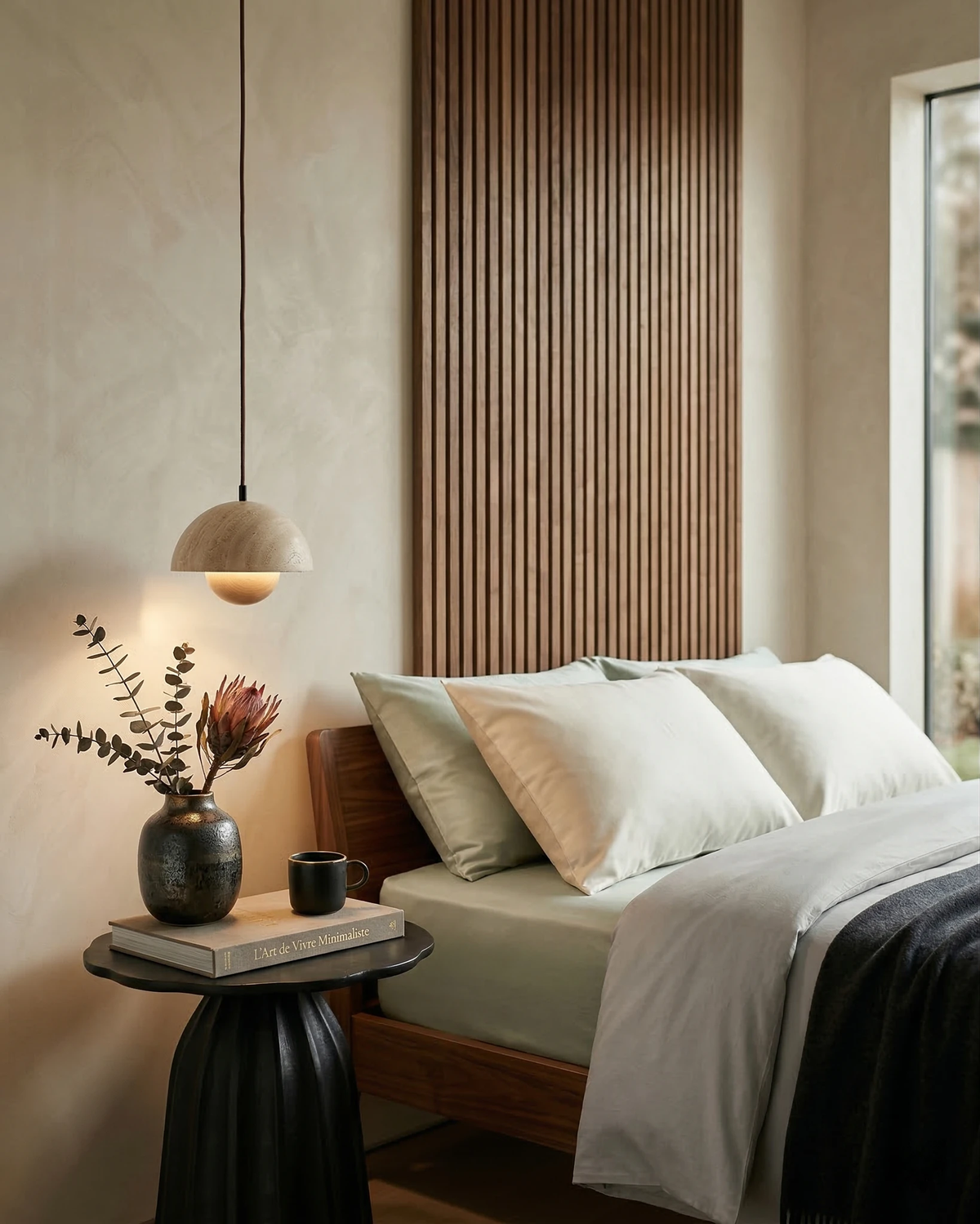 Travertine pendant light SOLE No.01 lit low beside a bed with white linens and a nightstand with a vase
