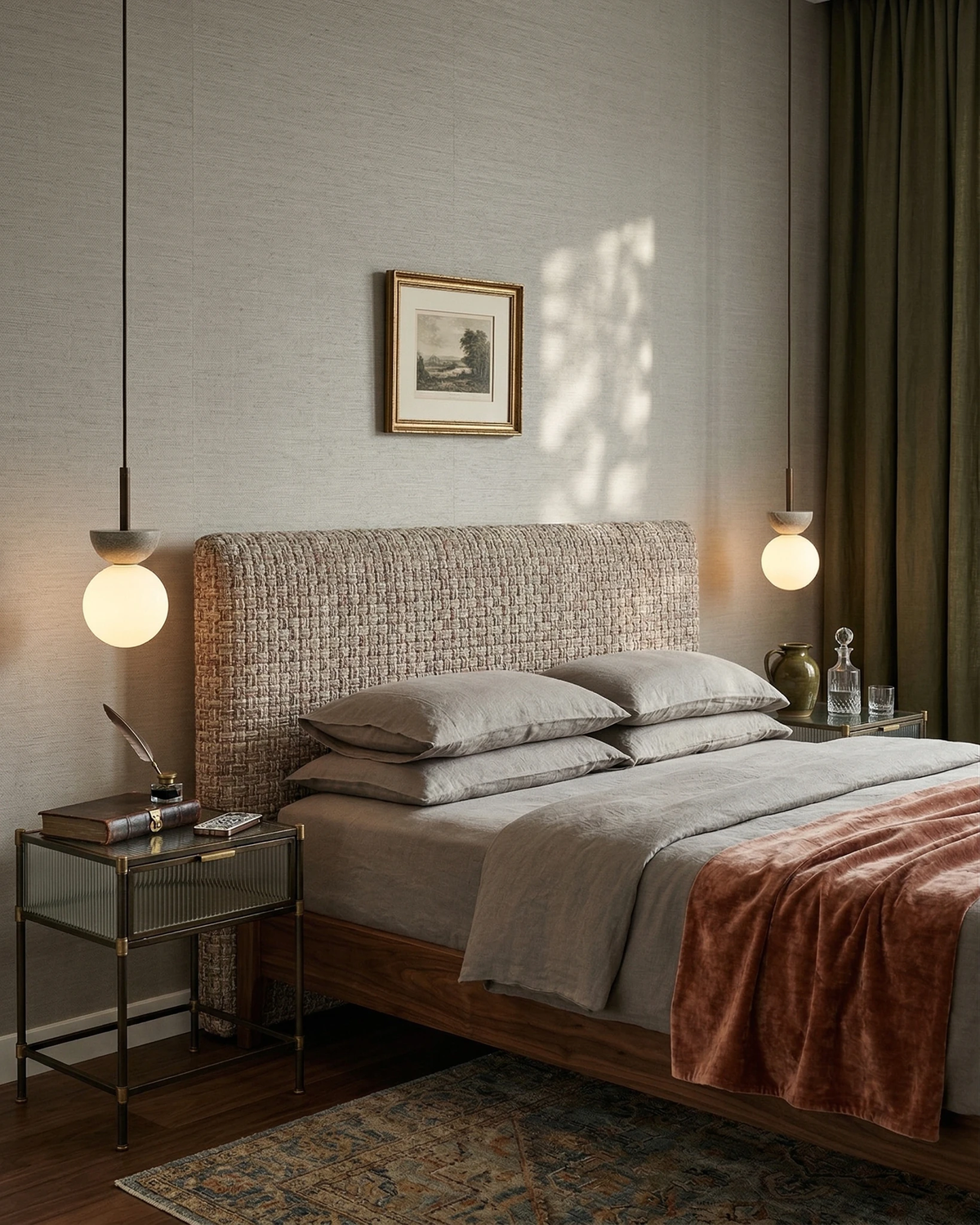 Travertine pendant light SOVA No.04, two pendants lit either side of a bed with a rattan headboard