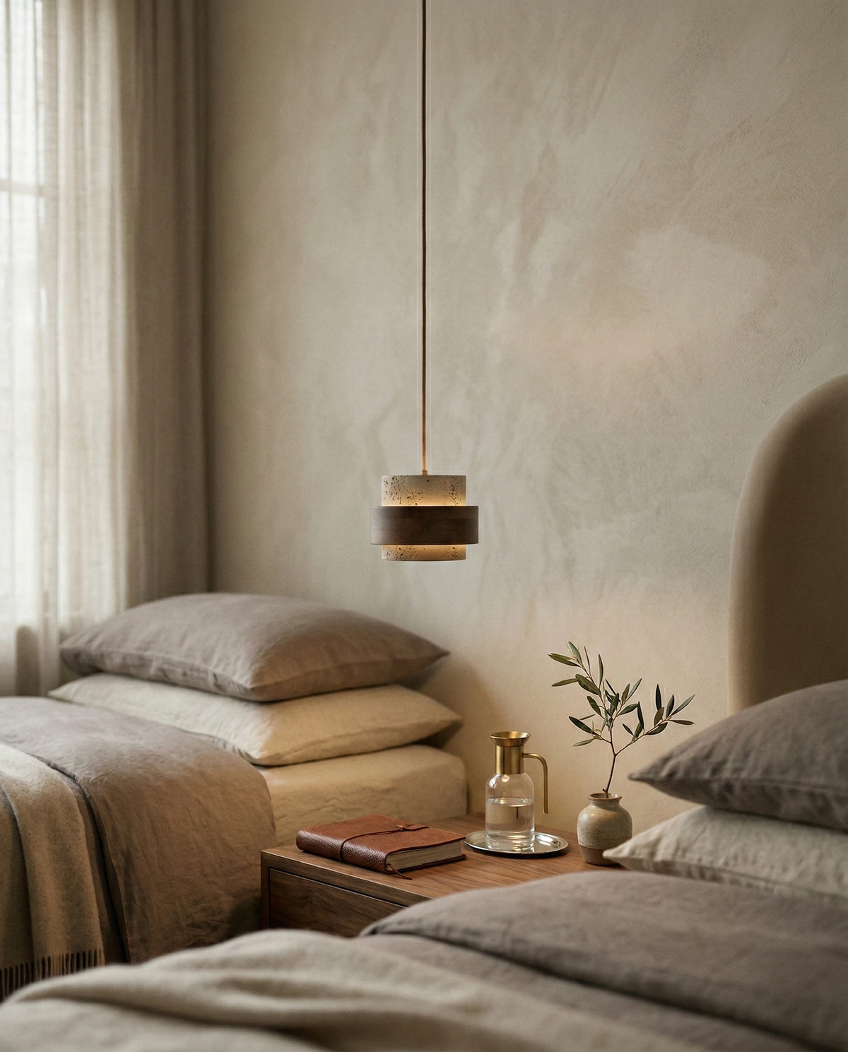 Travertine pendant light AVORIO No.05, yellow travertine drum lit above a nightstand beside a bed with linen bedding
