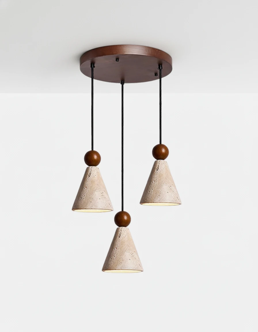 Circular three-head travertine pendant light PIRA No.01 on a round walnut canopy, unlit, white background