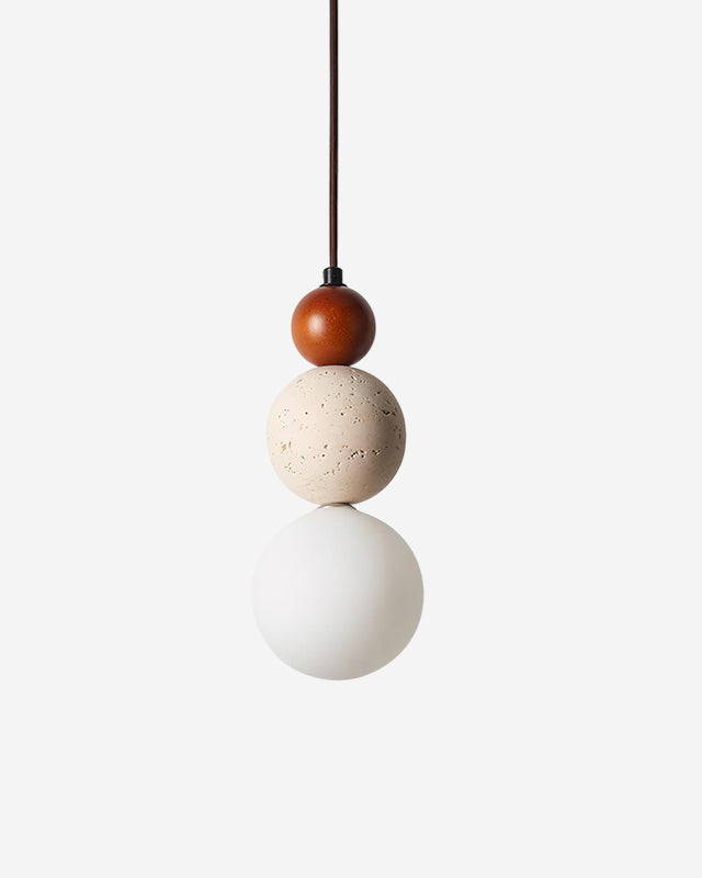 Travertine pendant light DOMUS No.04 circular silhouette, walnut sphere over a travertine ball and opal globe