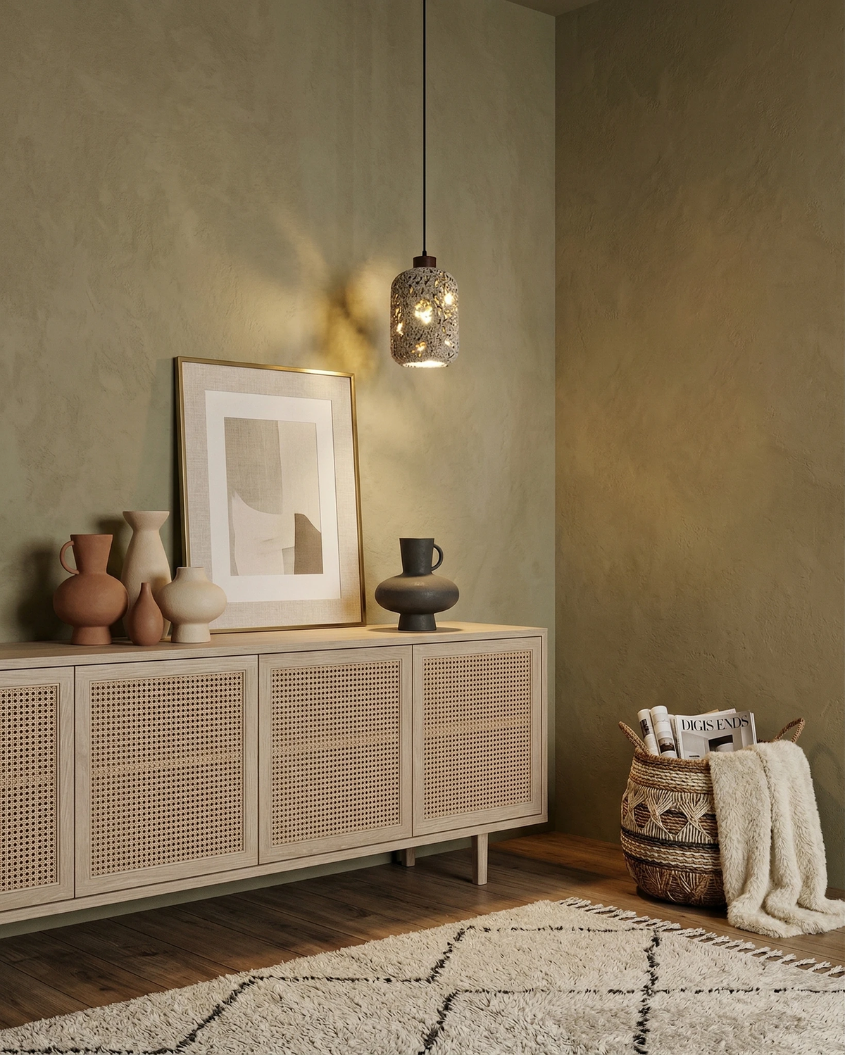 Travertine pendant light MASSA No.01 lit above a rattan sideboard with vases and a framed print