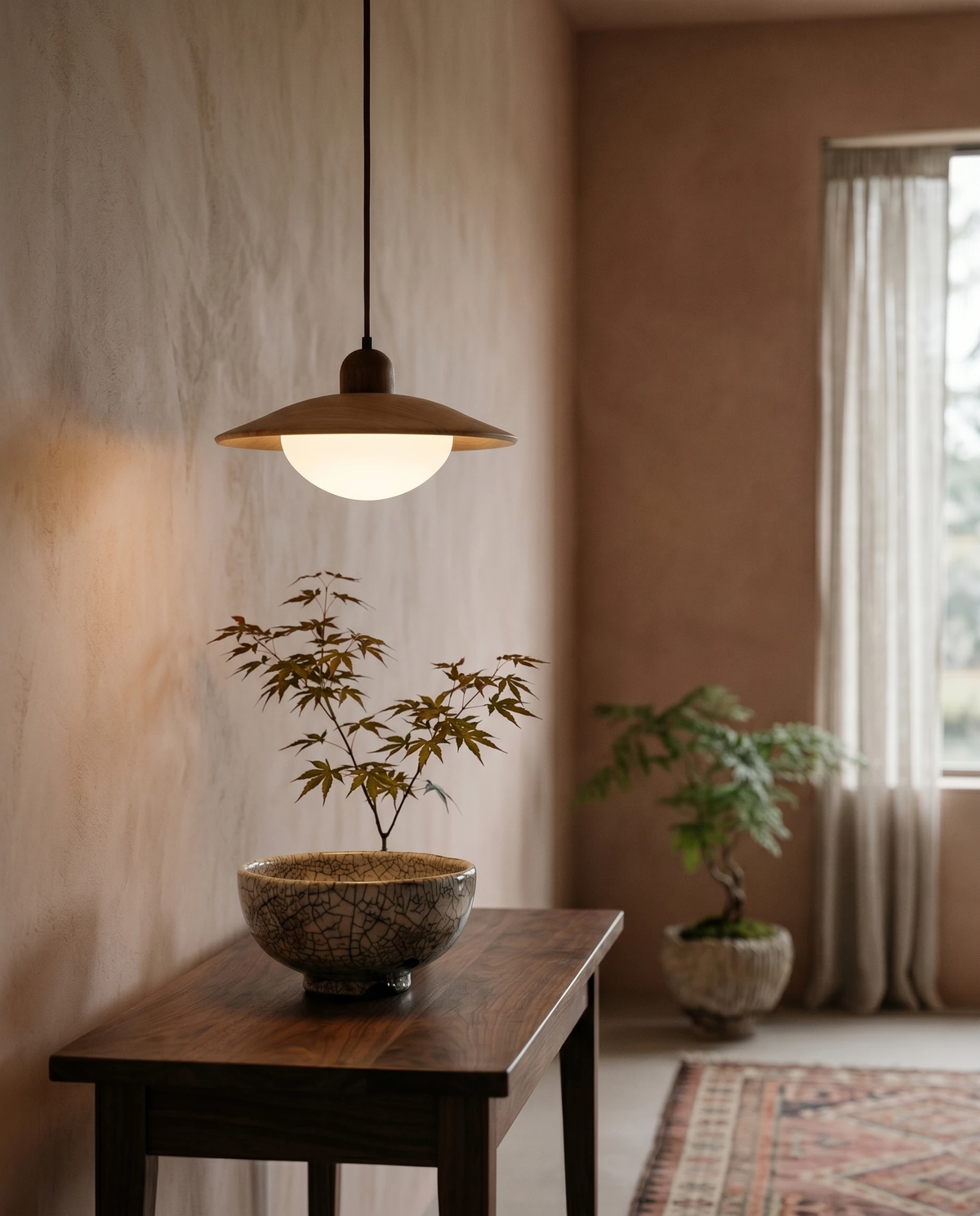 Travertine pendant light TONDO No.01 lit above a wooden console table with a potted plant by a window