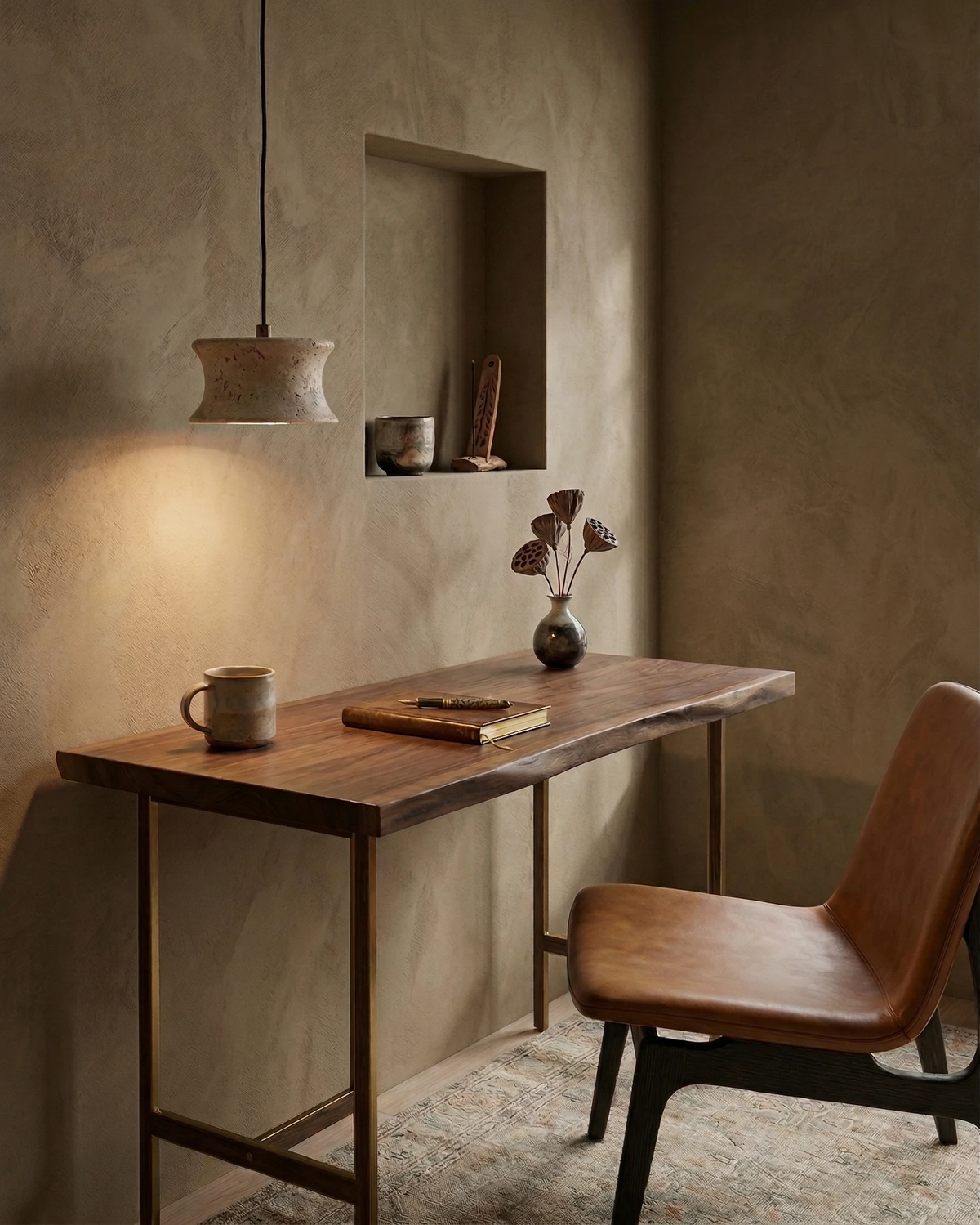 Travertine pendant light CONA No.04 switched on above a live-edge walnut desk and leather chair in a plaster room