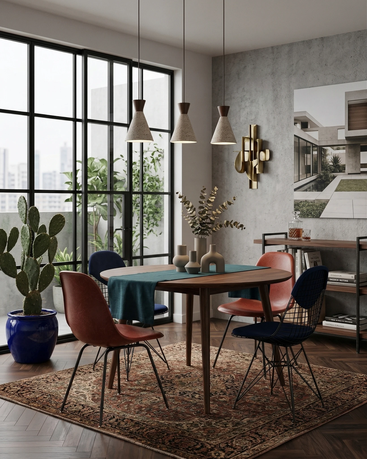 Travertine pendant light CONA No.02, three cone shades lit above a round table with a teal cloth by steel windows