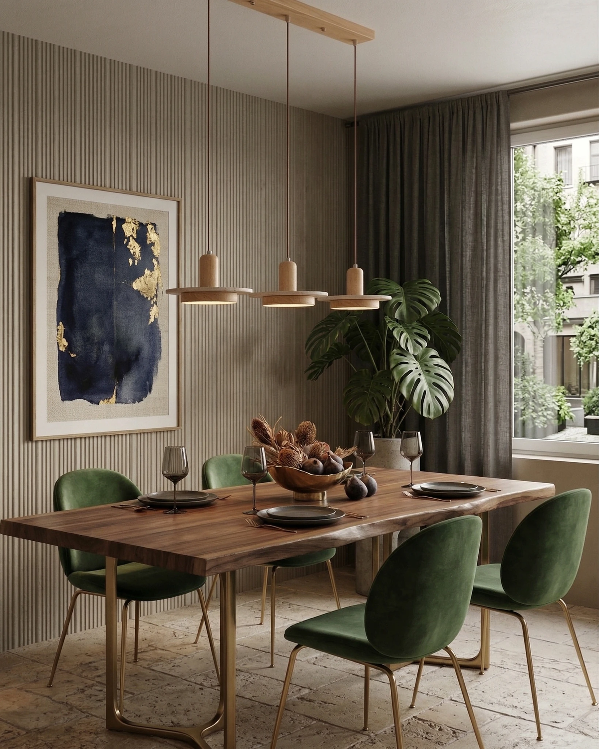 Three travertine pendant lights SOVA No.02 in light oak lit above a walnut dining table with green velvet chairs