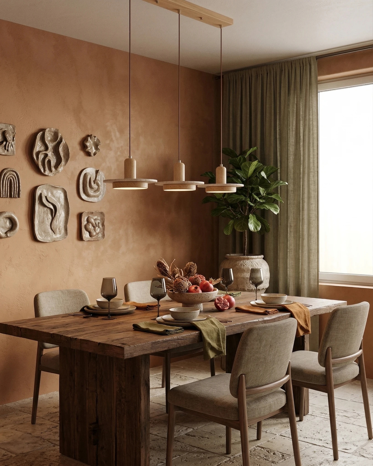 Travertine pendant lights SOVA No.02, three light oak discs switched on over a rustic dining table by a terracotta wall