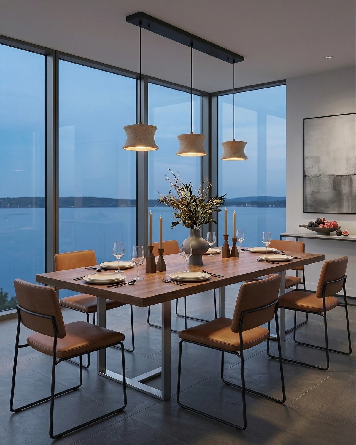 Travertine pendant light CONA No.04 Linear Three, three shades lit above a dining table by floor-to-ceiling windows