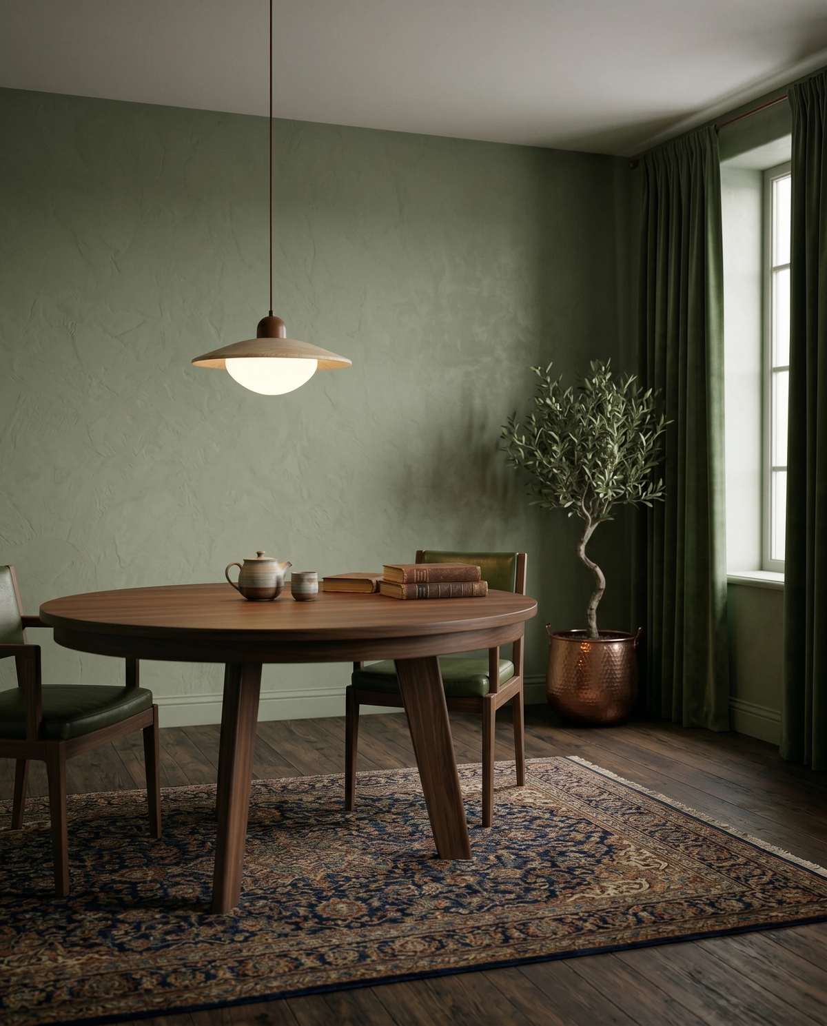 Travertine pendant light TONDO No.01 switched on over a round wooden dining table in a green room with a rug