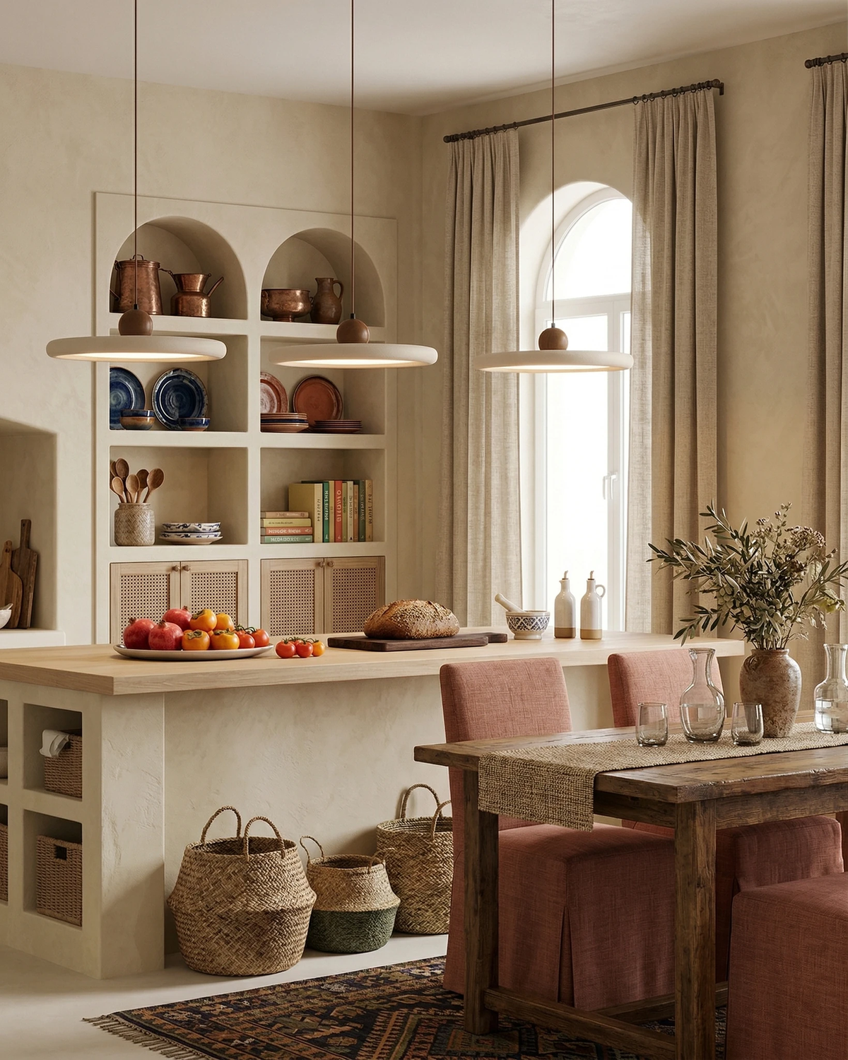 Travertine pendant light TONDO No.02 lit over a dining table with pink chairs in an open kitchen with shelves