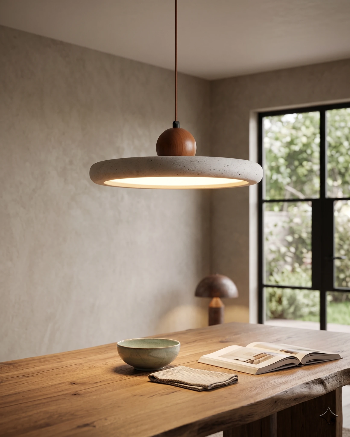 Travertine pendant light TONDO No.02 switched on above a wooden dining table by black-framed windows