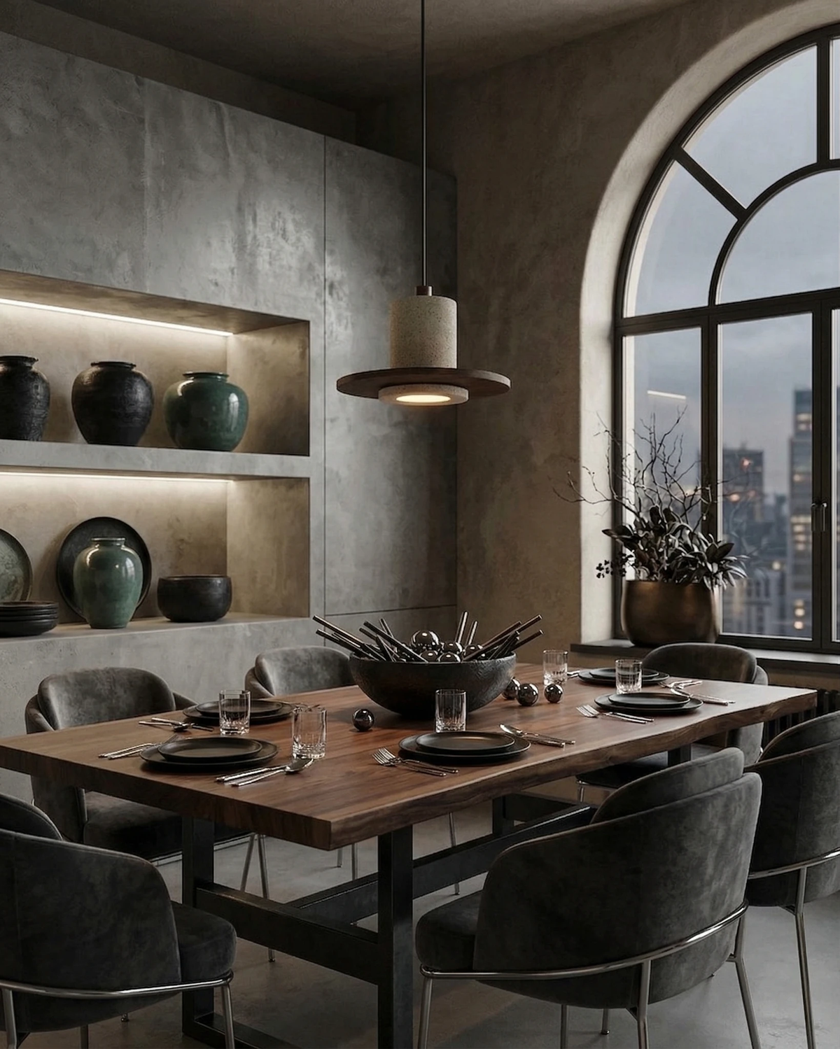 Travertine pendant light TONDO No.04 lit above a walnut dining table in a dark-walled room with an arched window