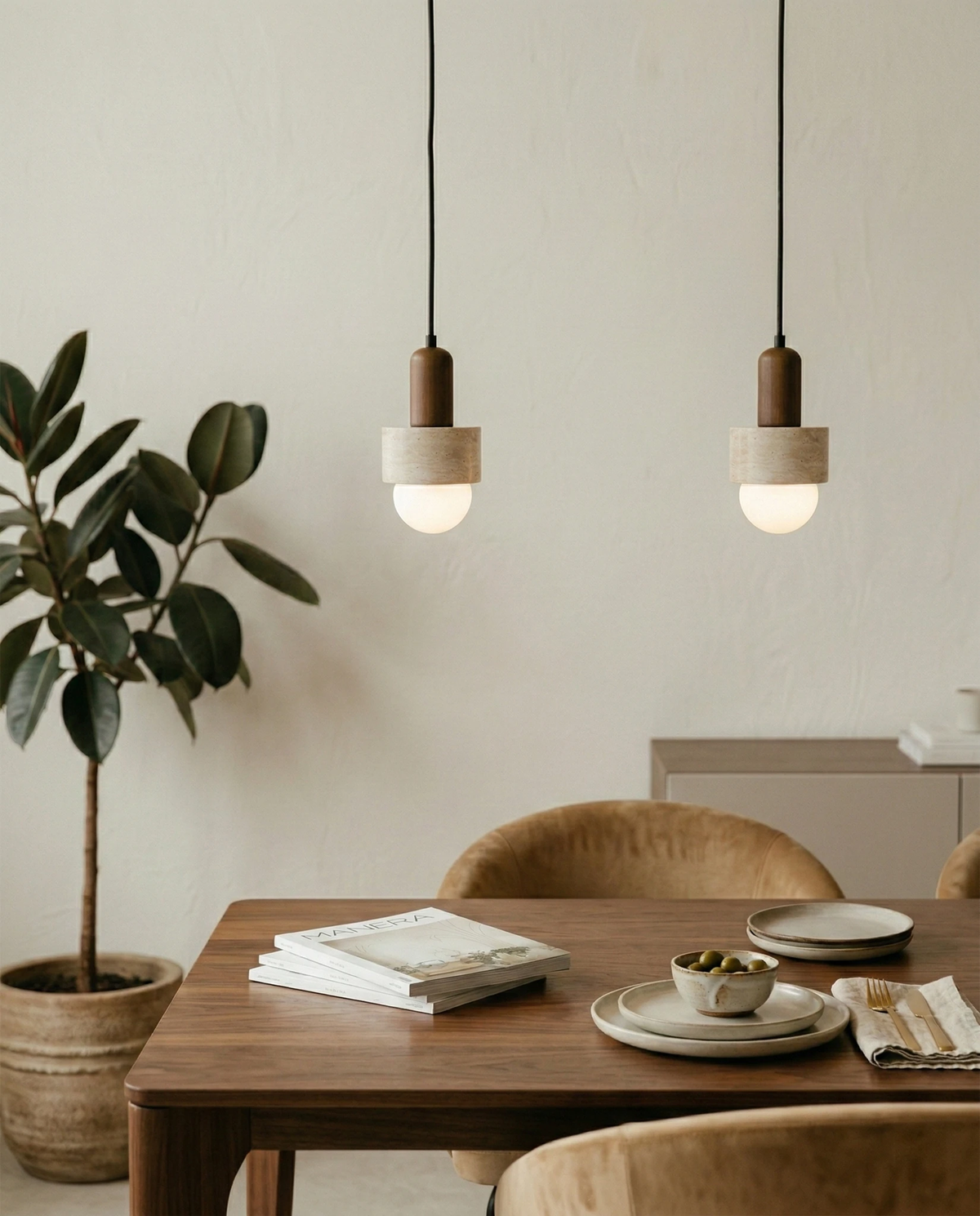 Travertine pendant light TONDO No.05, a pair lit above a wooden dining table with plates near a potted tree
