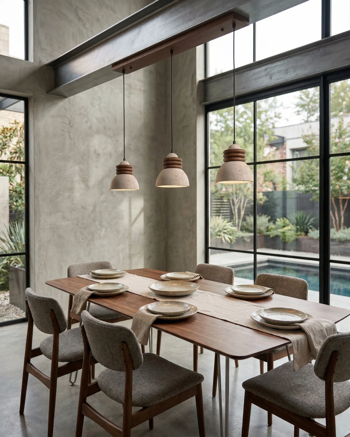 Three travertine pendant lights DOMUS No.03 lit over a wooden dining table with chairs and a garden view