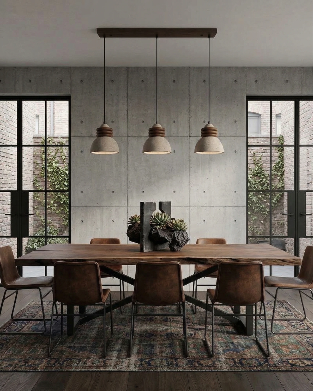 Triple linear travertine pendant light DOMUS No.03 above a walnut dining table with leather chairs