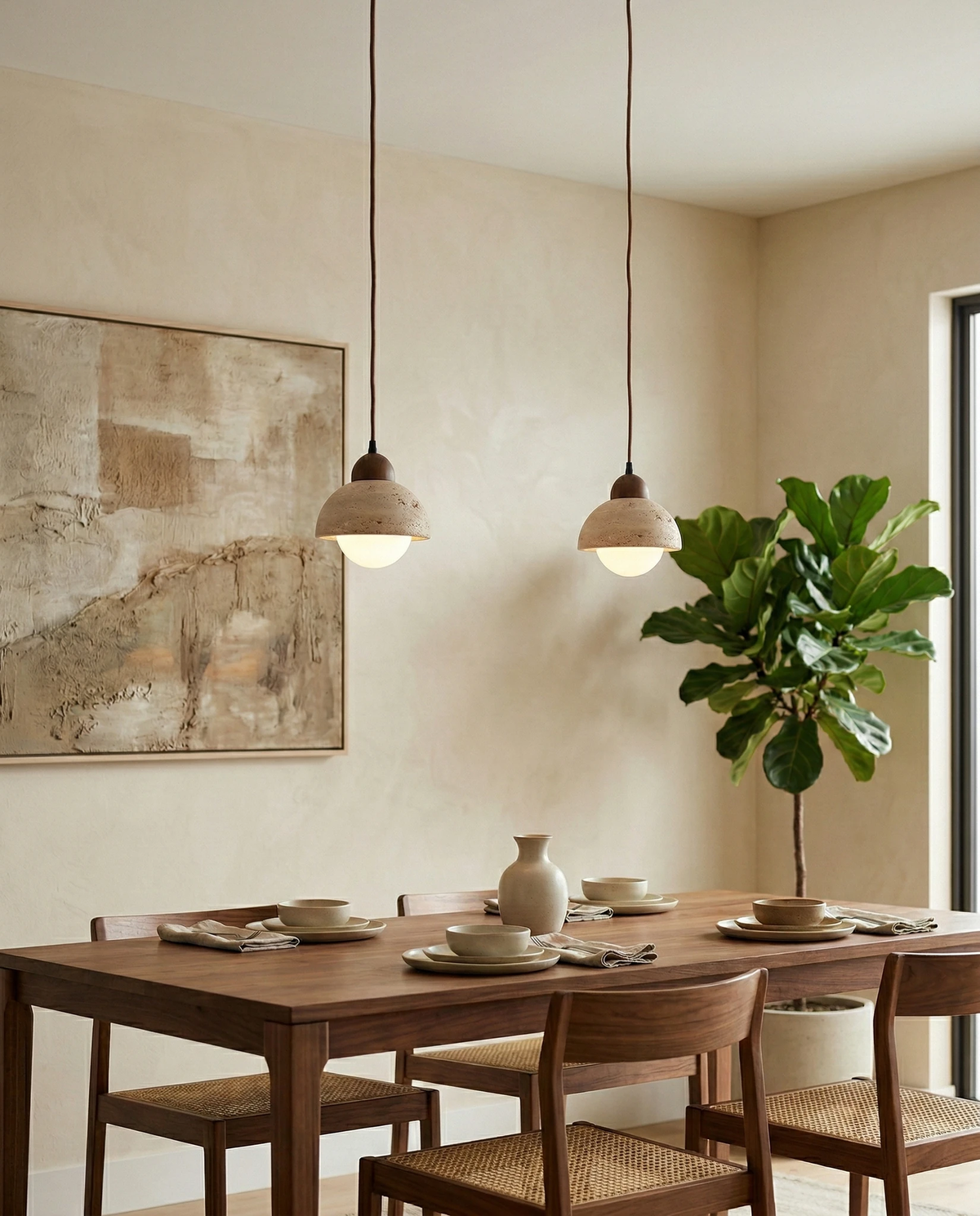 AVORIO No.04 | Yellow Travertine Hemisphere Pendant with Walnut & Opal styled in a dining room