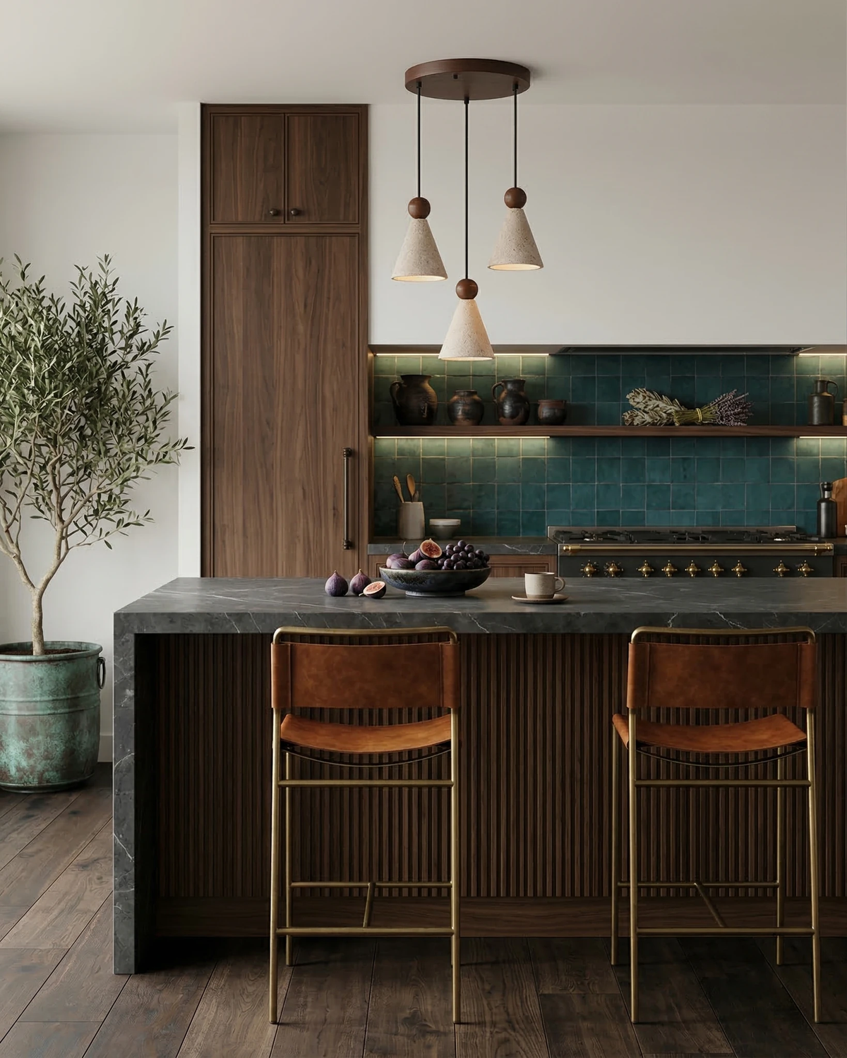 Circular three-head travertine pendant light PIRA No.01 over a dark stone island with leather bar stools