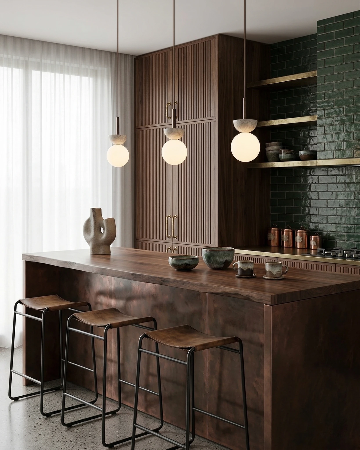Travertine pendant light SOVA No.04, three pendants lit above a walnut kitchen island with bar stools