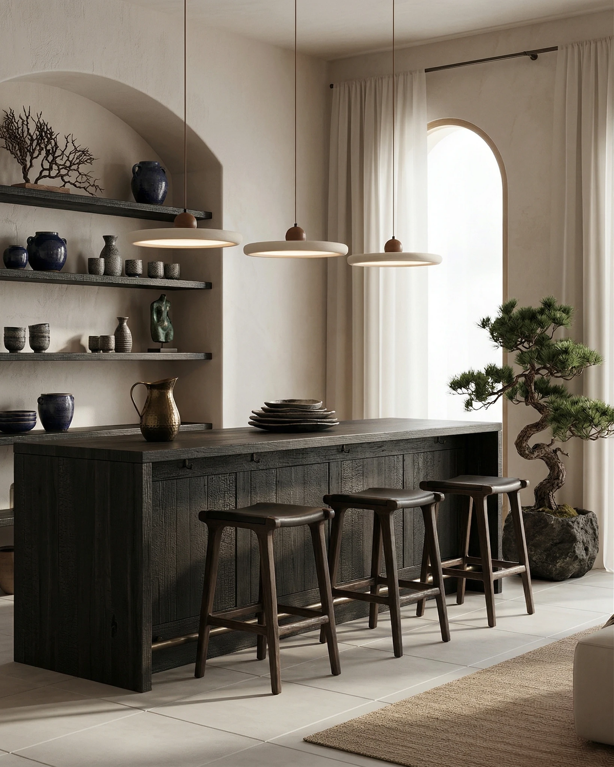 Travertine pendant light TONDO No.02, two units lit above a dark kitchen island with wooden bar stools