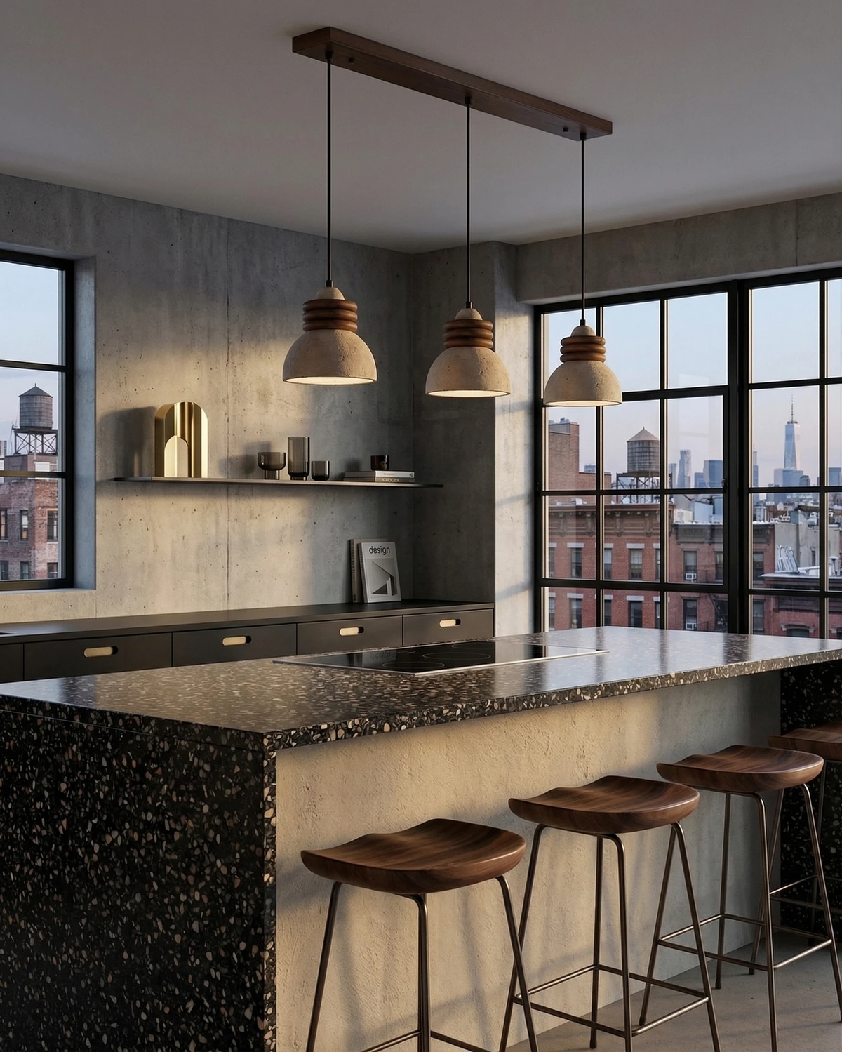 Three travertine pendant lights DOMUS No.03 lit on a linear bar over a terrazzo kitchen island with stools