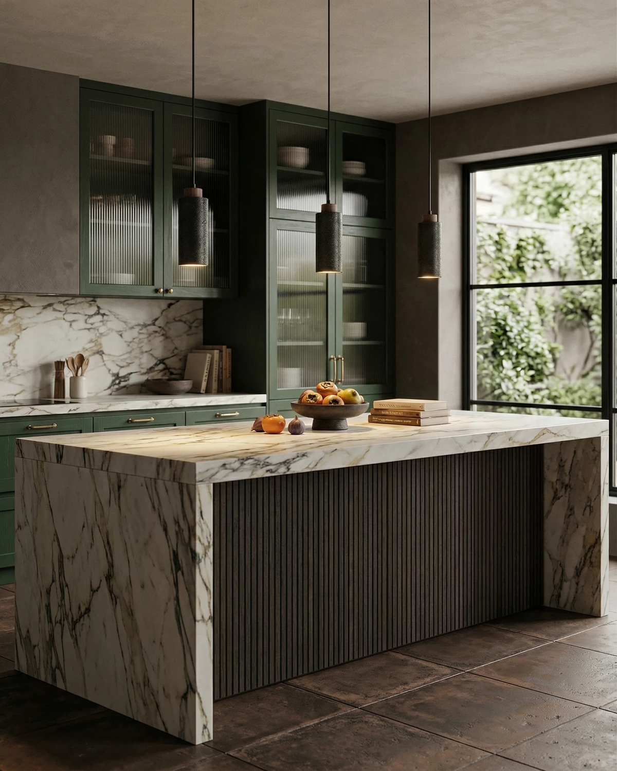 Three travertine pendant lights CORTO No.03 in Volcano Black hung over a marble kitchen island in a green kitchen