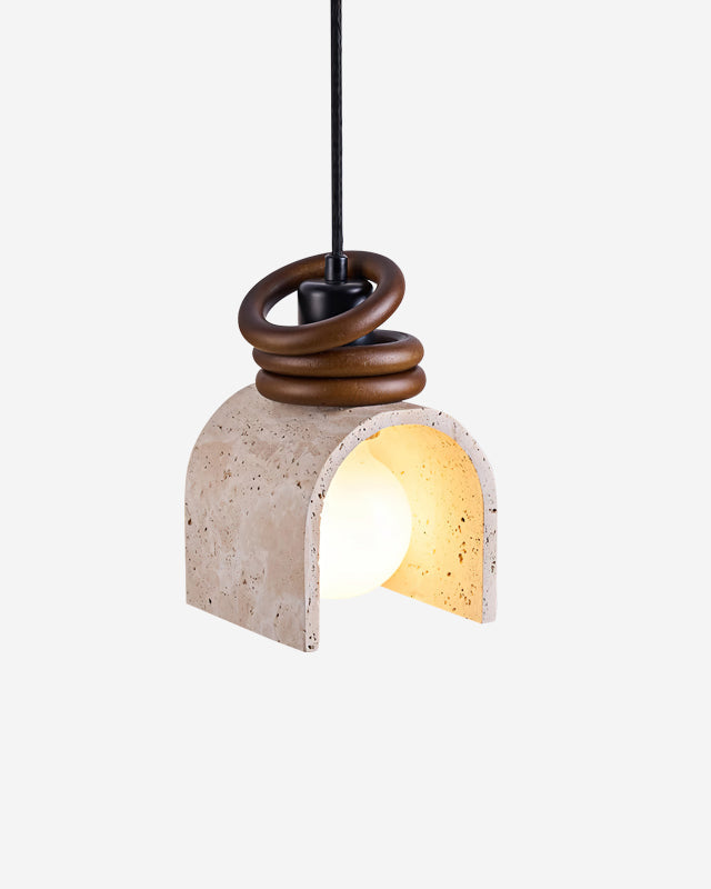 Travertine pendant light ARCA No.02, arched cream travertine shade with stacked walnut rings and a glowing bulb