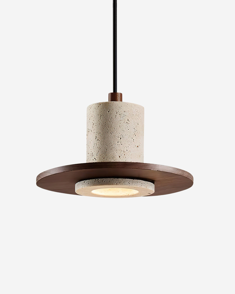 Travertine pendant light TONDO No.04 Solo, cream travertine drum on a walnut saucer with the lens switched on