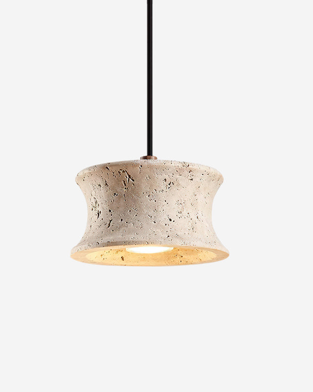 Travertine pendant light CONA No.04 Solo, flared cream travertine shade on a black cord, switched on