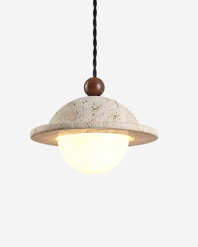 Travertine pendant light SOVA No.01 Single, travertine saucer with a walnut ball and opal globe switched on