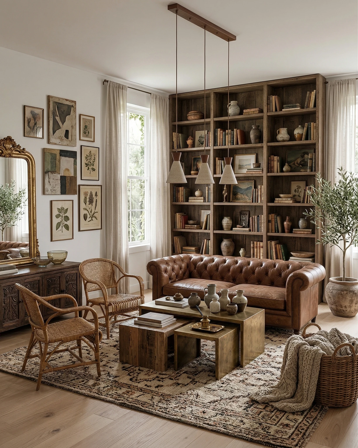 Travertine pendant light CONA No.02, triple linear cones hanging beside a full-height bookshelf and a leather sofa